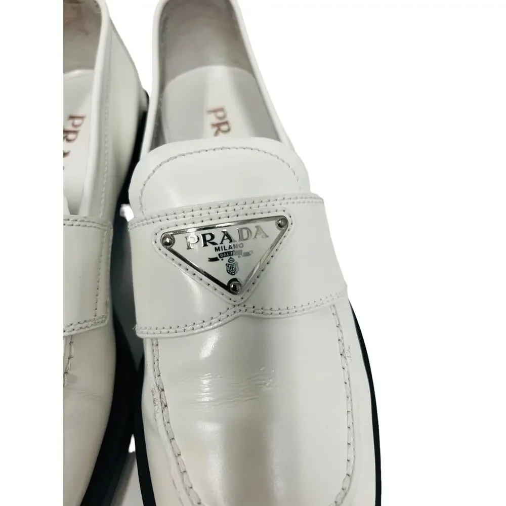 PRADA White Leather Metal Triangle Logo Slip-On Loafers Size 36.5 US 6.5 - Picture 8 of 11